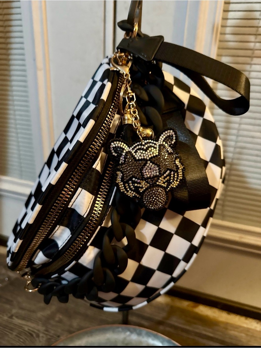 Black & White Checkered Round Crossbody Bag with Crystal Tiger Charm